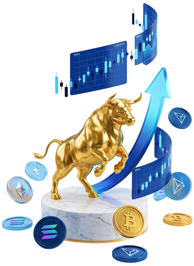 Golden bull with cryptocurrency coins, trading charts, and an upward arrow