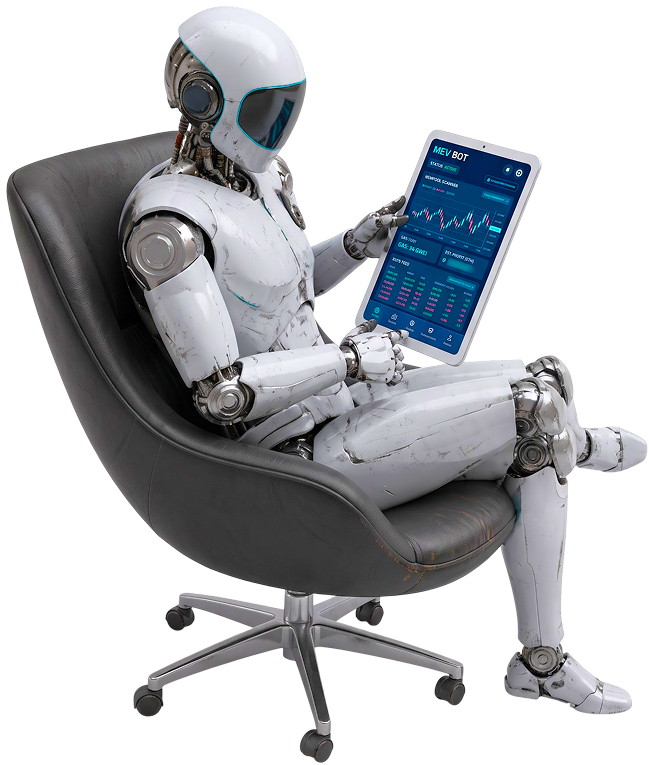Seated robot reviewing the MEV bot trading dashboard on a tablet