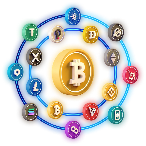 Bitcoin surrounded by connected cryptocurrency assets
